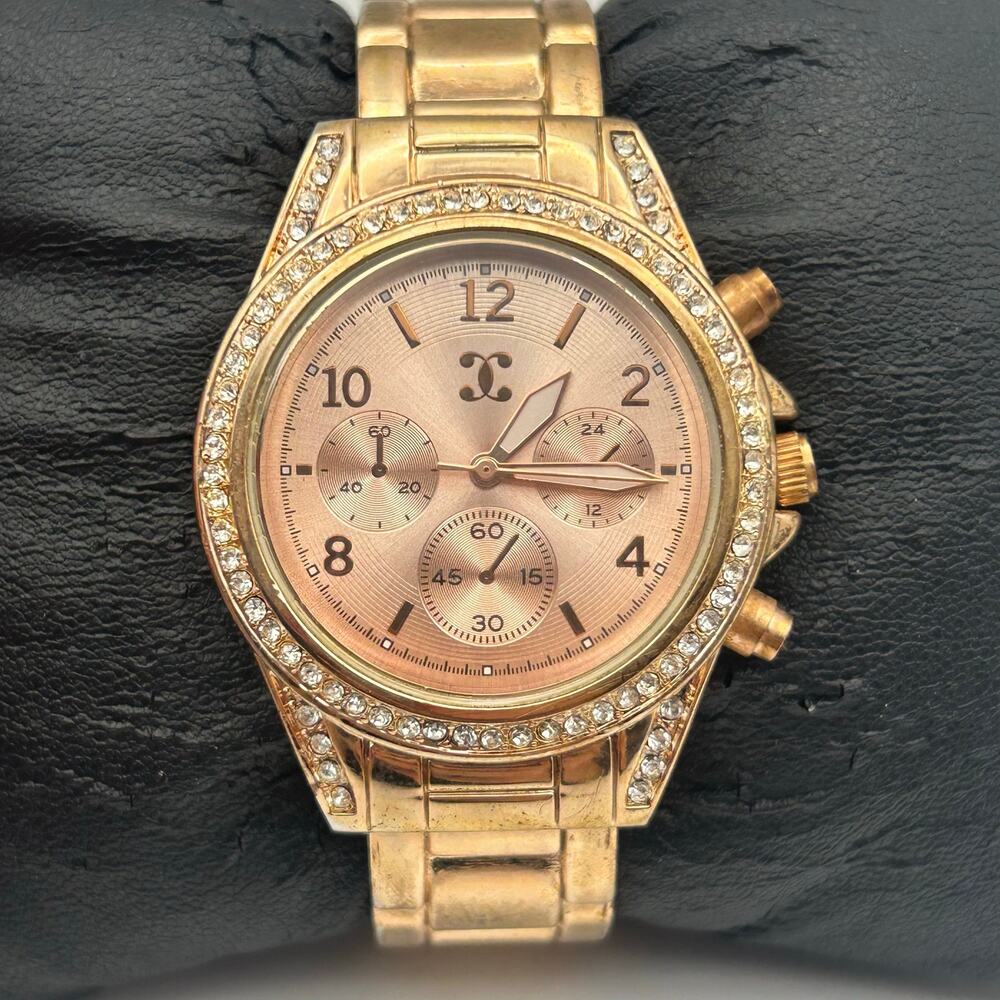 Charming Charlie Rose-gold Crystal Bezel Women’s Cuff Watch Working New Battery